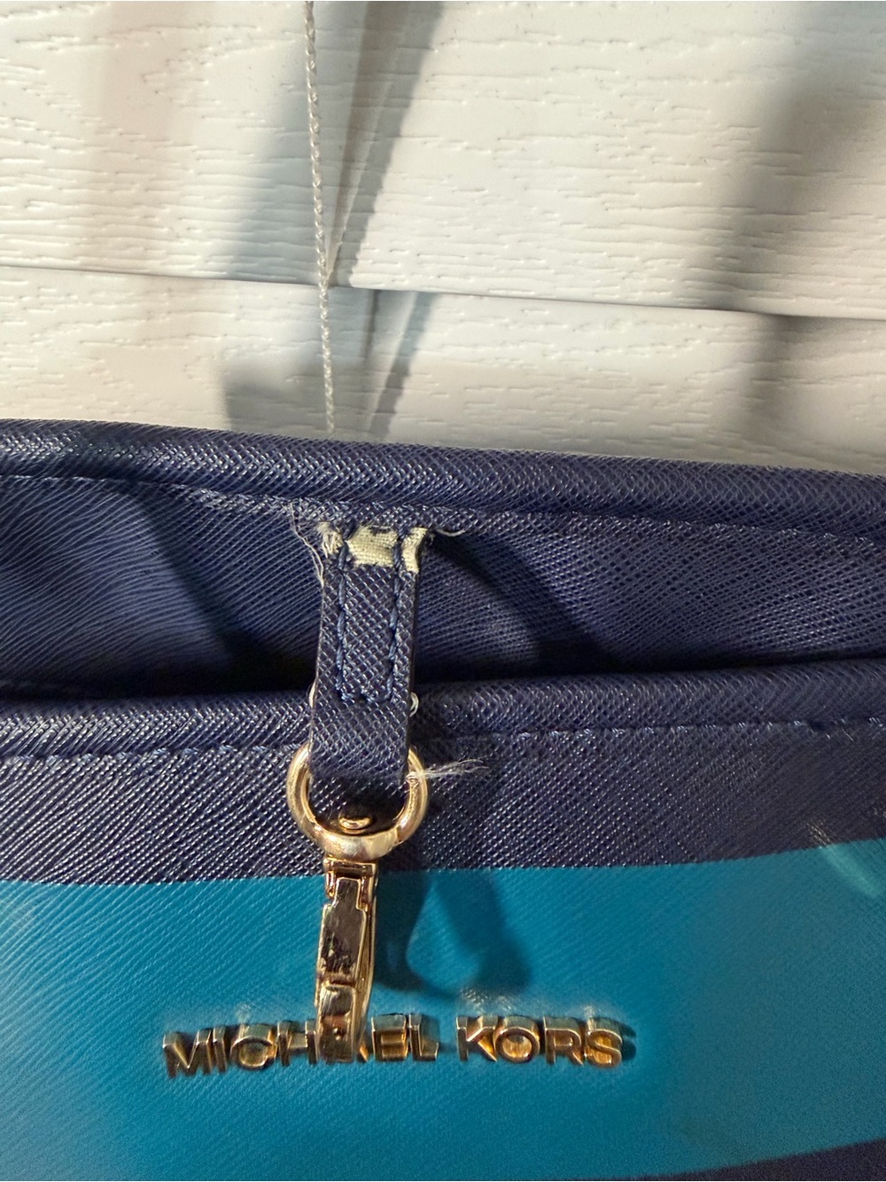 MICHAEL KORS Teal & Navy Striped Tote with Tan Leather Handles - Picture 3 of 5